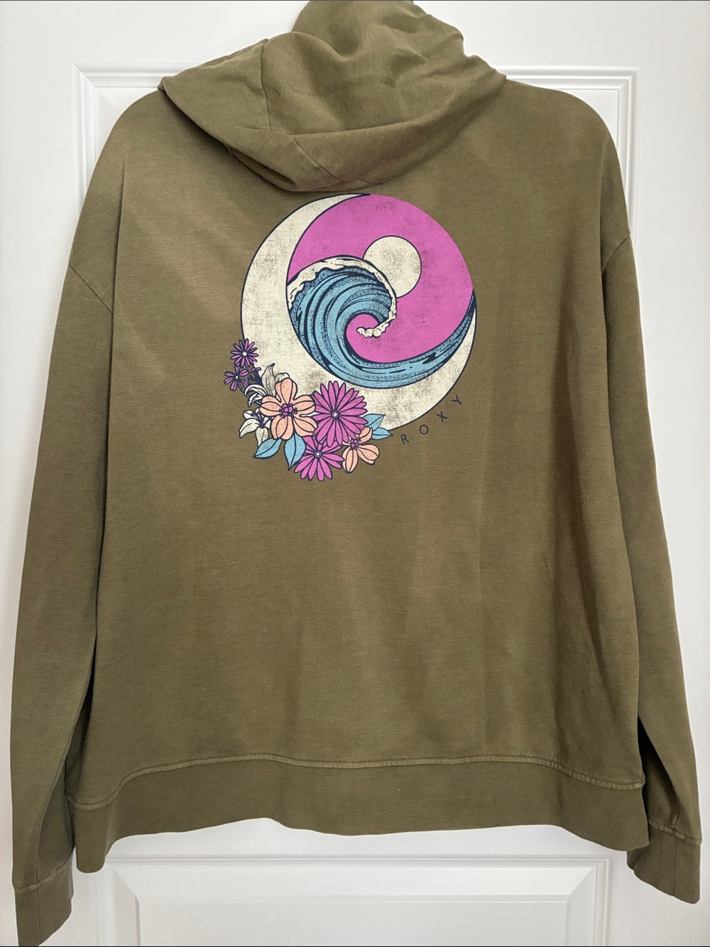 Roxy Olive Pullover Hoodie with Pink & Blue Wave Floral Graphic